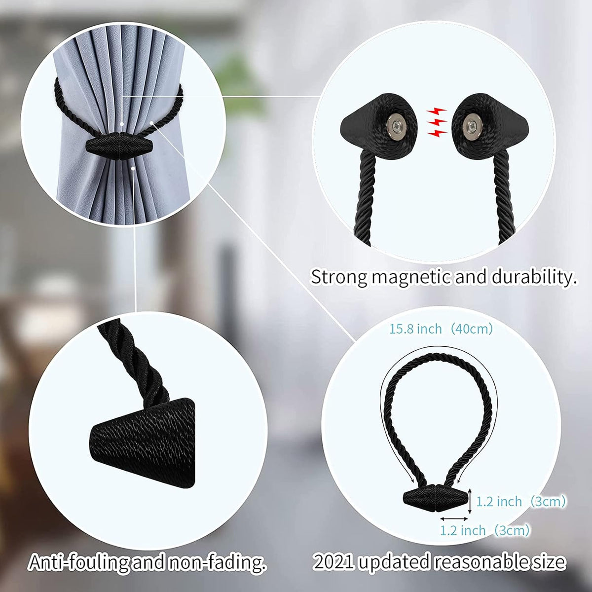 Hion Magnetic Curtain Tiebacks Black 2pcs, Curtain Tiebacks Buckles Holdbacks Holders Hooks Clip for Home Bedroom Office Decorative Curtain