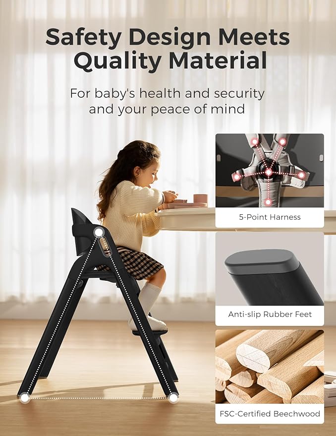 Momcozy DinerPal Wooden High Chair for Babies, Toddlers & Adults Up to 308 Lbs, Convertible Baby Highchair with Food-Grade Tray, Dishwasher-Safe, Adjustable & Ergonomic, Midnight Black