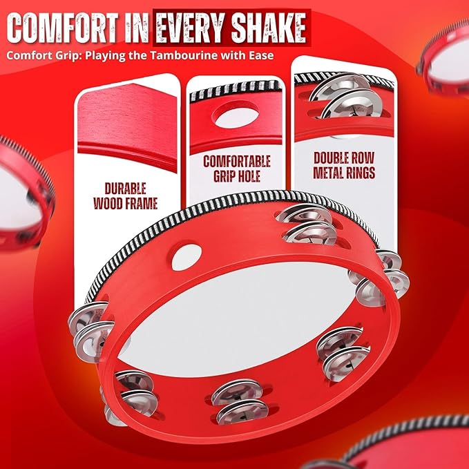 Flexzion Wood Handheld Tambourine for Kids - 8 & 6 Inch Set of 2 Pack, Double Row 12 Pair Metal Jingles, Percussion Drum Moon Musical Instrument (Red)