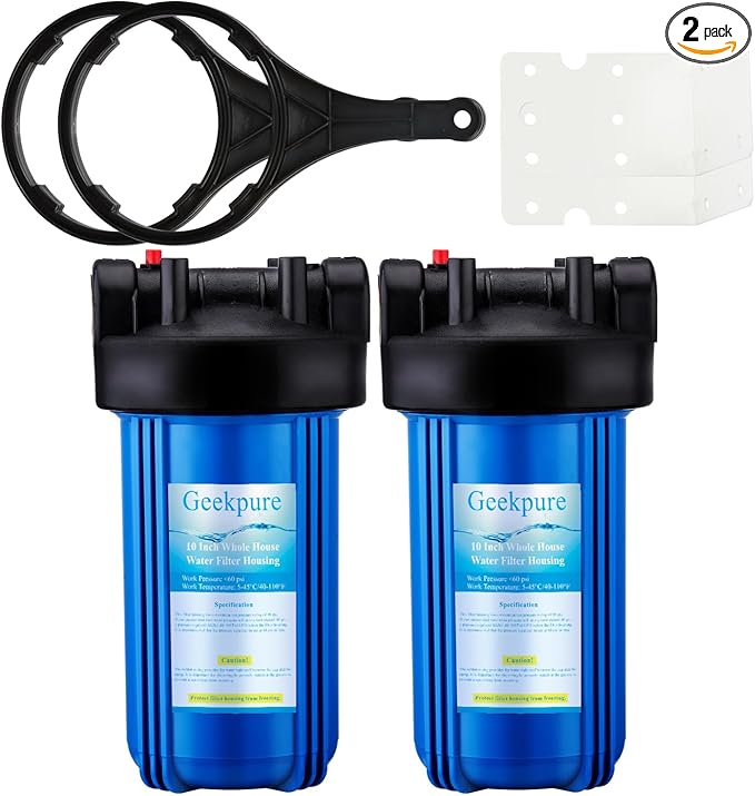 Geekpure 10-Inch Whole House Water Filter Housing 4.5"x10"1-Inch Outlet/Inlet with Wrench and Bracket-Blue Color -Pack of 2