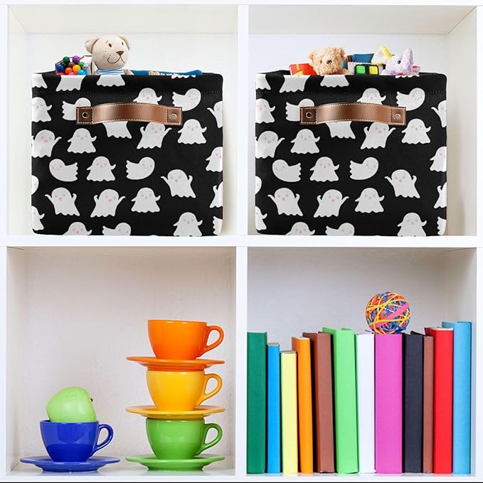 Storage Basket Bin Halloween Ghosts Organizer Basket Collapsible Shelf Basket Cube with handle for Nursery Bedroom Bathroom (white 24)