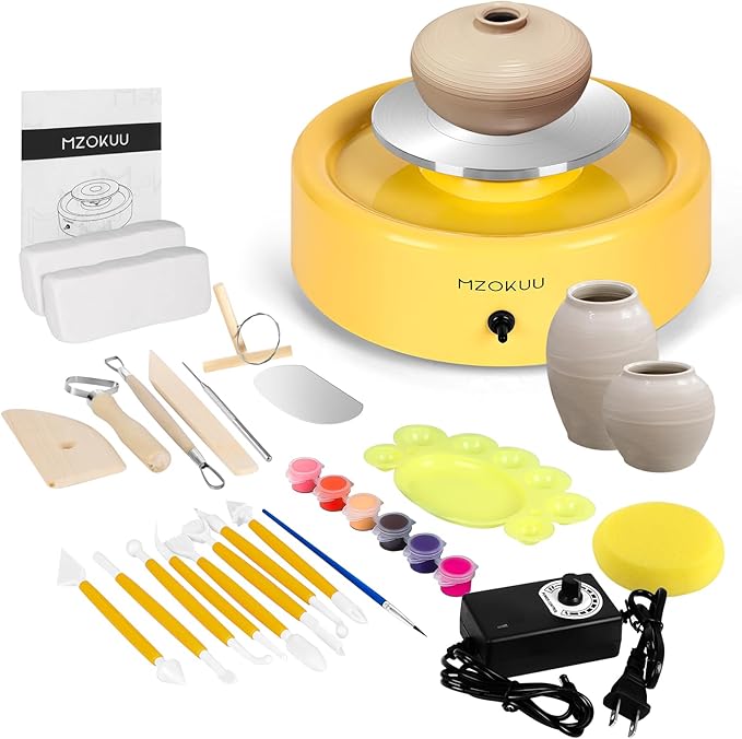 Mini Pottery Wheel Kit - 6" Pottery Wheel for Kids, Teens & Adults Beginners, 2 Lb Air Dry Clay & 18PCS Clay Tools Included, Crafts for Home DIY, Ceramic Work & Art Creatio