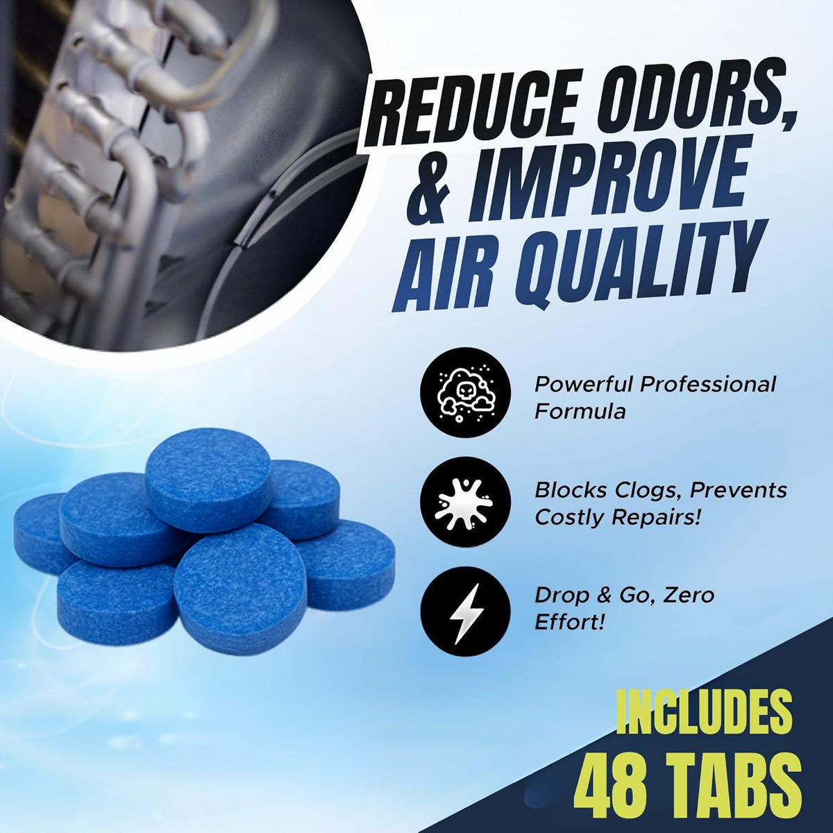 Air Pure Drain Pan Tabs - 48 Flow Treatment Tablets for HVAC & AC Condensate Pan Treatment | Prevents Overflow, Cleans Drain Lines, & Eliminates Odors