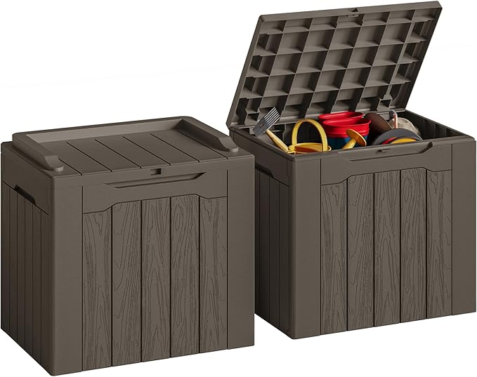 JUMMICO 31 Gallon Resin Deck Box Waterproof Indoor Outdoor Storage Boxes for Patio Furniture Cushions and Garden Tools (Brown, 31gallon-2 Packs)