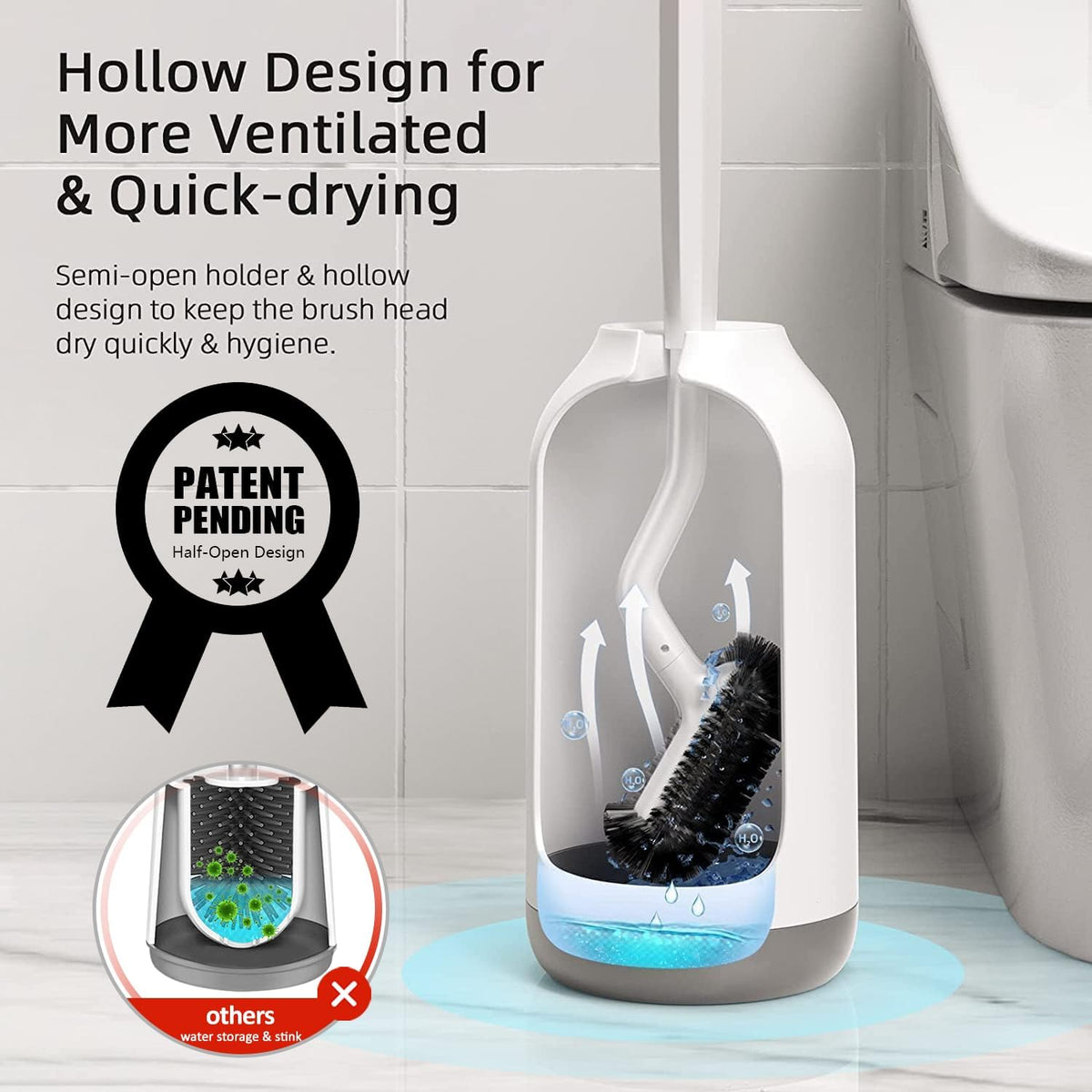 HAMITOR Toilet Bowl Brush Holder Set: 2 Pack Bathroom Deep Cleaning Toilet Cleaner Scrubber Under Rim with Curved Bristle for Dead Corner Clean - Hidden Rv Toilet Decorative Accessories with Caddy