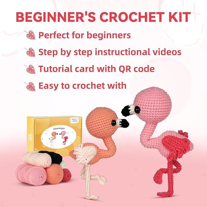 MOREJMTT Crochet Kit for Beginners Animal,Crochet Animal Kits,Crocheting Kit for Starters,Learn to Crochet with Step-by-Step Video Tutorials,Beginner Crochet Kits for Adults(Flamingo)