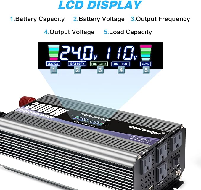 3000W Power Inverter 24V to 110V/120V DC to AC with LCD Display, Remote Controller and 4 x AC Outlets Car Adapter for Car Truck Boat RV Off Grid Solar System