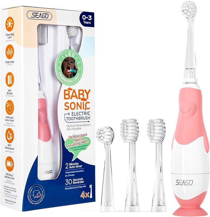 SEAGO Toddler Electric Toothbrushes for Baby Ages 0-3 Years, Baby Toothbrush with Smart Timer and Suction Base, 4 Replacement Brush Heads SG-513(Pink-C)