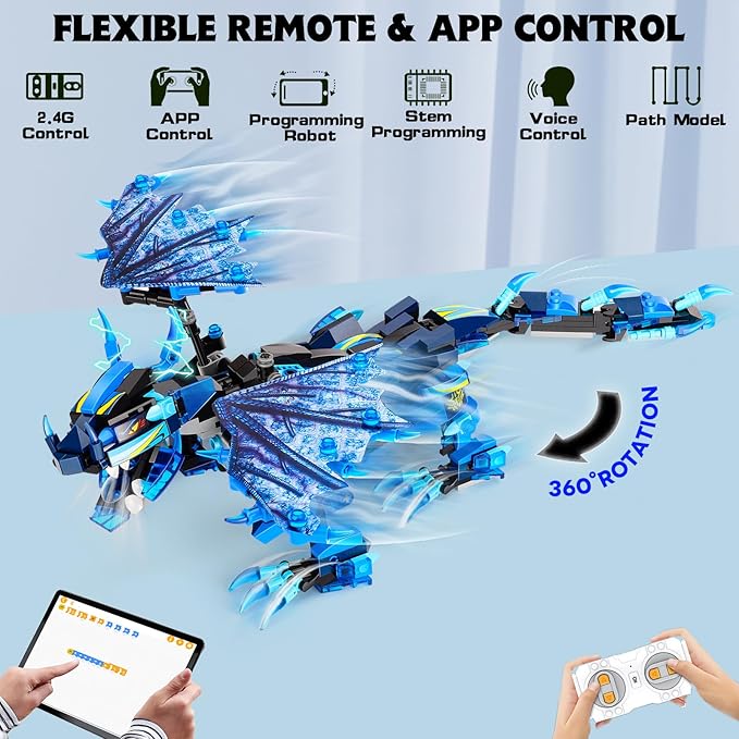 OASO Dragon Building Kit with Remote Control STEM Gifts for Boys Kids Ages 8-12, Coding Buildable Technic Toys for Birthday with 549 Pieces