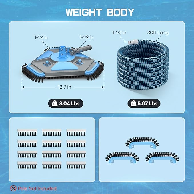 UIRWAY Upgrade Pool Vacuum Head with Side Brush & 360° Swivel Cuff, 1-1/2" x 30 Ft Heavy Duty Manual Kink-Resistant Vacuum Hoses, Weighted Triangular Shape for Inground & Above Ground Pool(No Pole)