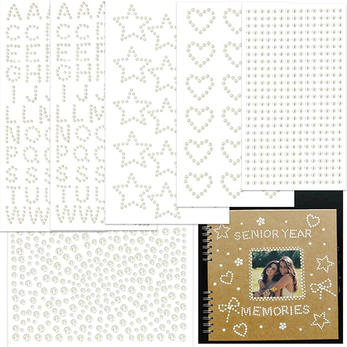 493Pcs Crafting Pearls Stickers, Stick On Pearl Heart Star Stickers Small Letter Alphabet Stickers, Self Adhesive Pearls for Graduation Cap Decoration, DIY Crafts, Scrapbook, Face Hair Makeup