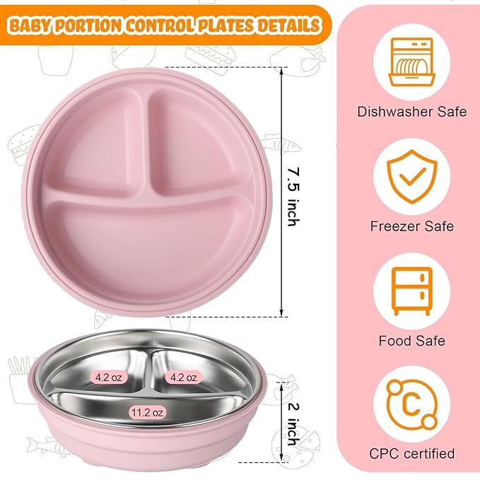 Nuogo 1 Pcs Stainless Steel Baby Suction Plates with Removable Silicone Shell 2-in-1 Metal Toddler Bowl Divided for Picky Eaters Kids Feeding Led Weaning Supplies, Dishwasher Safe (Dark Pink)