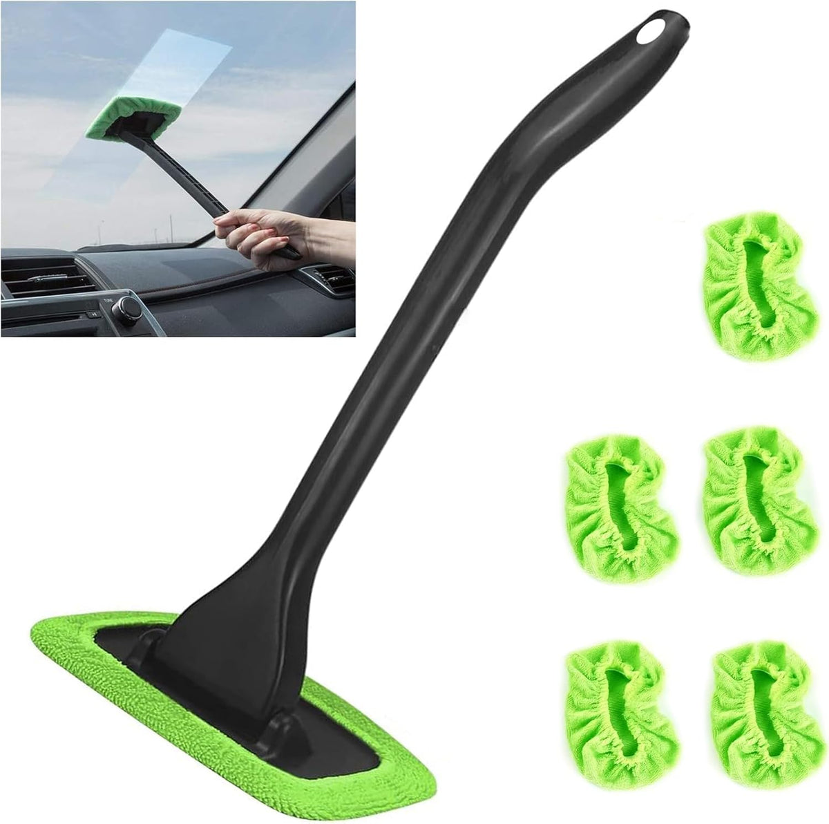 Windshield Cleaning Tool Windshield Cleaning Wand Auto Window Cleaner,5 Pieces Reusable Cloth Pads for Car Interior, Dirty Car Washing Brushes (Green)