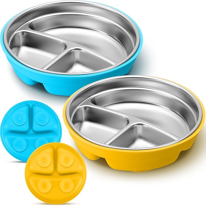 Nuogo 2 Pcs Stainless Steel Baby Suction Plates with Removable Silicone Shell 2-in-1 Metal Toddler Bowl Divided for Picky Eaters Kids Feeding Led Weaning Supplies, Dishwasher Safe (Yellow,Blue)