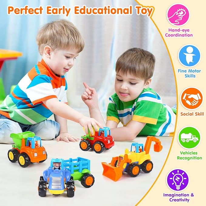 Inertia Toy Early Educational Toddler Baby Toy Friction Powered Cars Push and Go Cars Tractor Bulldozer Dumper Cement Mixer Engineering Vehicles Toys for Children Boys Girls Kids Gift 4PCS