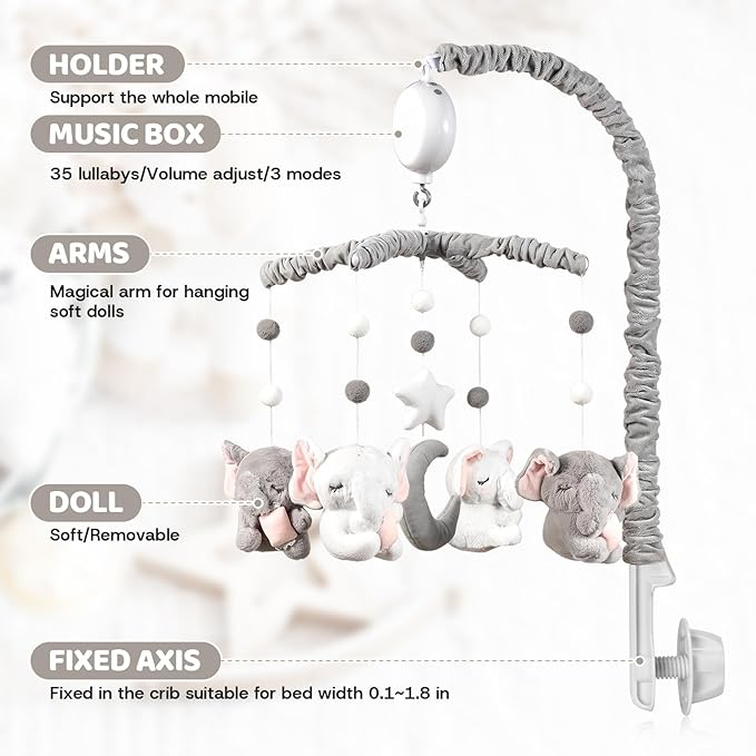 Baby Crib Mobile - Elephant Crib Mobile for Girls with 25 Inches Mobile Arm and 35 Lullabies Musical Box, 3 Modes Digital, Volume Control, Essential Gift for Infant Bedroom Hanging Decor