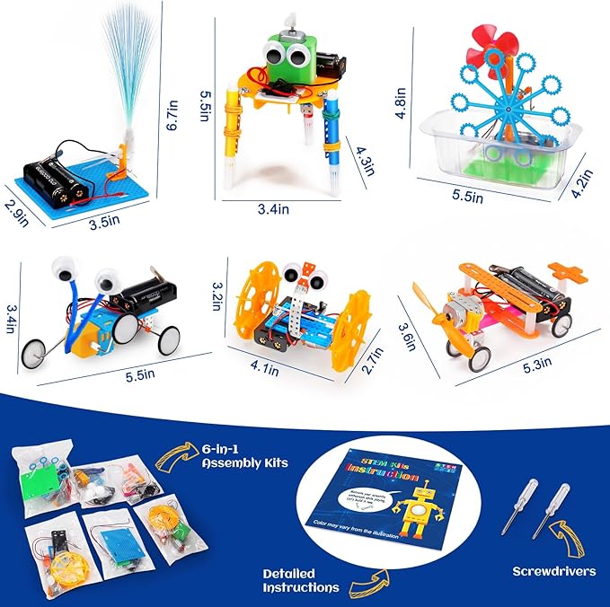 STEM Robotics Kit 6 Set Science Experiments Project Activities Toys for Kids 6-8 8-12 Engineering Building Electronic Motor Robot Kid Craft Boy Girl 5+ 6 7 8 9 10 12 Year Old Gift Summer Outdoor Toy
