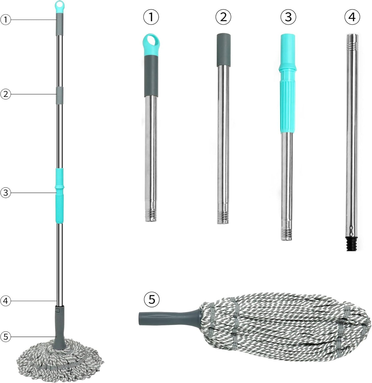 Self Wringing Mop - Easy Squeeze Twist Mop with 52.5 Inch Long Handle, Heavy Duty for Hardwood, Tile, Vinyl & Laminate Floors (Gray)