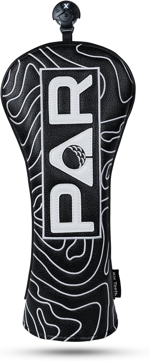 Big Teeth Golf Club Covers Full Set Driver Headcover Fairway Wood Hybrid Golf Club Iron Head Covers, Topographic Edition Putter Cover Leather Golf Head Covers Pure Black, Gifts for Men