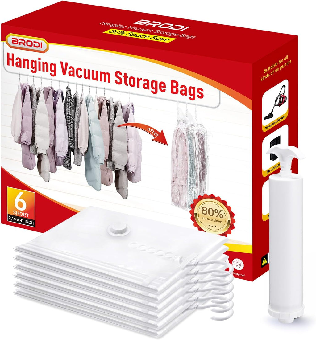Hanging Vacuum Storage Bags For Clothes With Hand Pump,Coat Storage Bag Hanging,Vacuum Bags For Clothes,Space Saver Vacuum Storage Bags,Garment, Clothing, Dress, Suit, Long Coat, Jacket(Short 6 Pack）