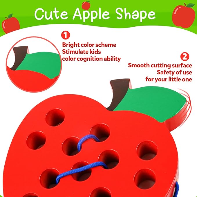 Skrtuan Wooden Lacing Apple Toy for Toddlers 3-5 Years Old, Montessori Fine Motor Skills Threading Puzzle, Educational Travel Gift for Boys & Girls