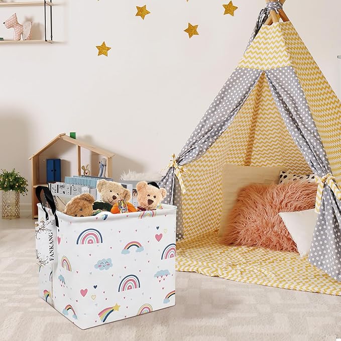 FANKANG Square Nursery Hamper Storage Bins Canvas Laundry Basket Foldable with Waterproof PE Coating Storage Baskets Gift Baskets for Children, Office, Bedroom, Clothes（Square-Love Rainbow ）