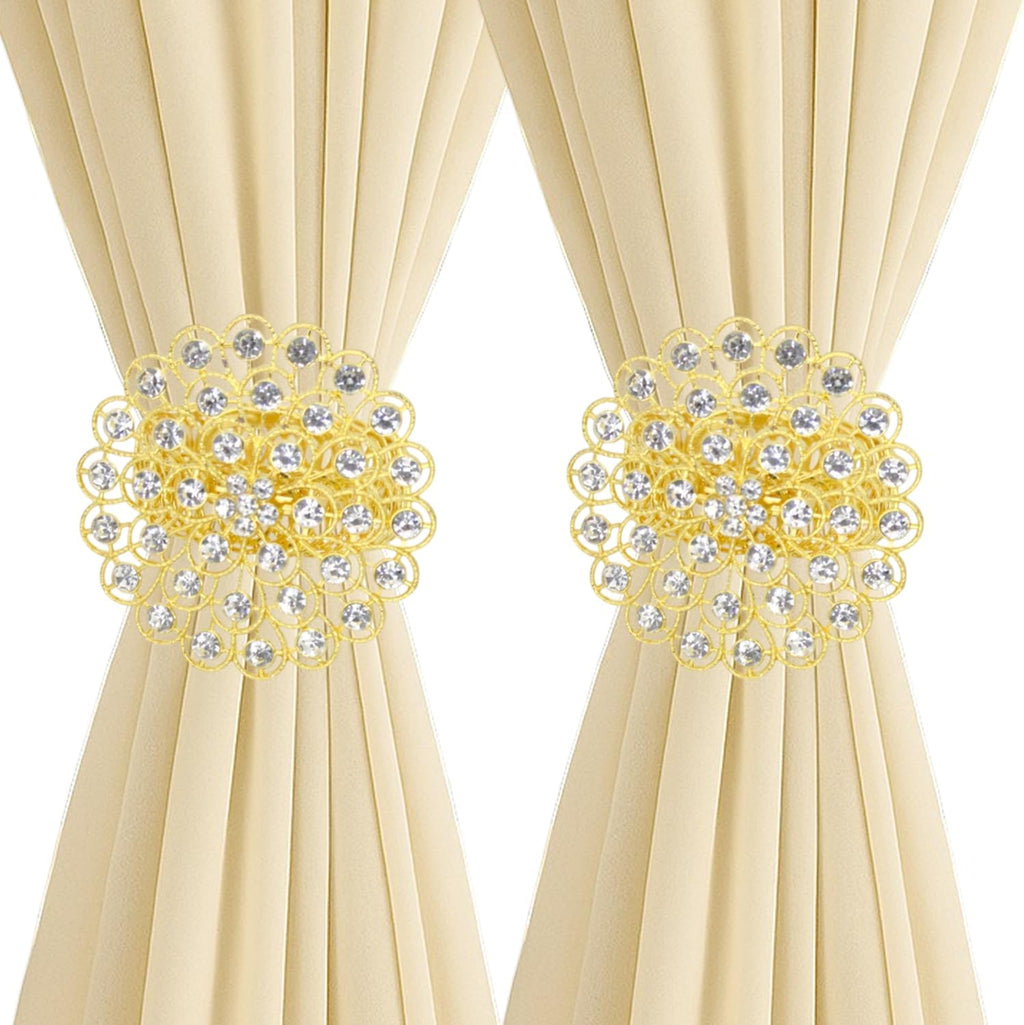 2 Pack Crystal Flower Curtain Tiebacks – Decorative Spring Wire Buckle Clips with Sparkling Rhinestone Flower Design, No Drilling, Easy Fit for Drapes & Sheers