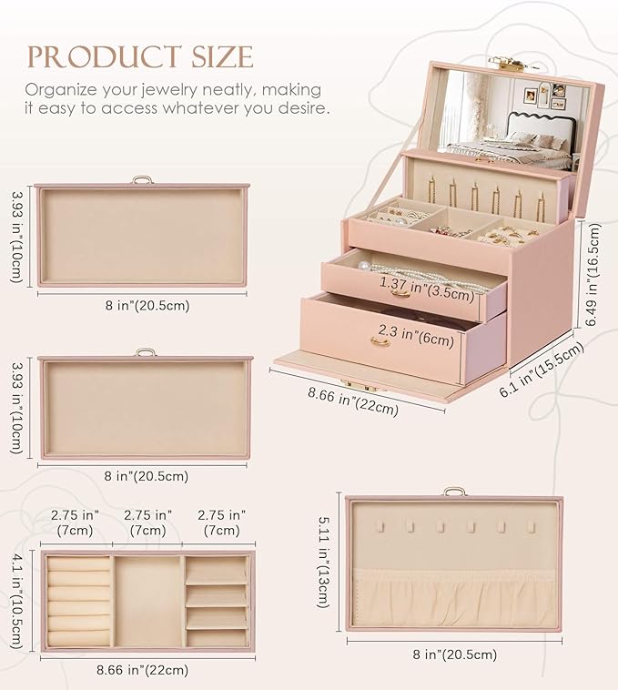 Jewelry Box with Lock for Girls: Jewelry Organizer for Dresser - 3-Drawer Earrings Storage Girls Women Gift (Peach Pink)