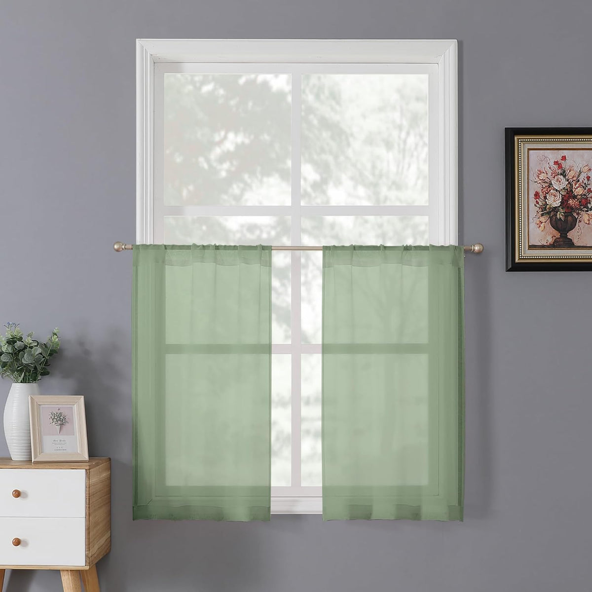 Tollpiz Sheer Tier Curtains Kitchen Linen Textured Half Curtain Sheers Light Filtering Rod Pocket Voile Bathroom Short Curtains for Farmhouse, 25 x 30 inches Long, Sage Green, Set of 2 Panels