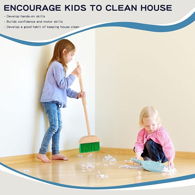 Qilay Kids Cleaning Set 7 Piece Wooden Detachable Cleaning Set Includes Housekeeping Broom, Dustpan, Brush & Other Cleaning Tools, Preschool Educational Pretend Play Cleaning Tools for Toddler