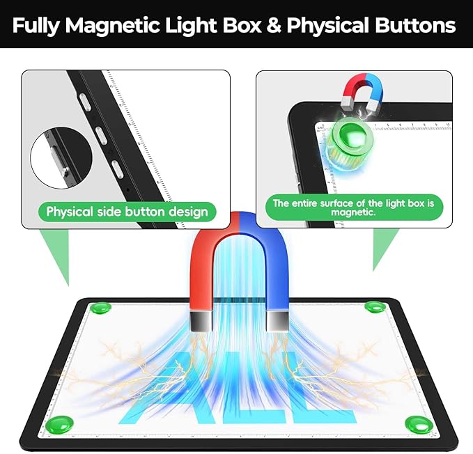 Zocelight Rechargeable A3 Light Board with Built-in Stand & Bag,Super Bright Magnetic Light Box for Tracing,Wireless Light Pad for Diamond Painting,Side Buttons,LED Light Table for Drawing,Sketching