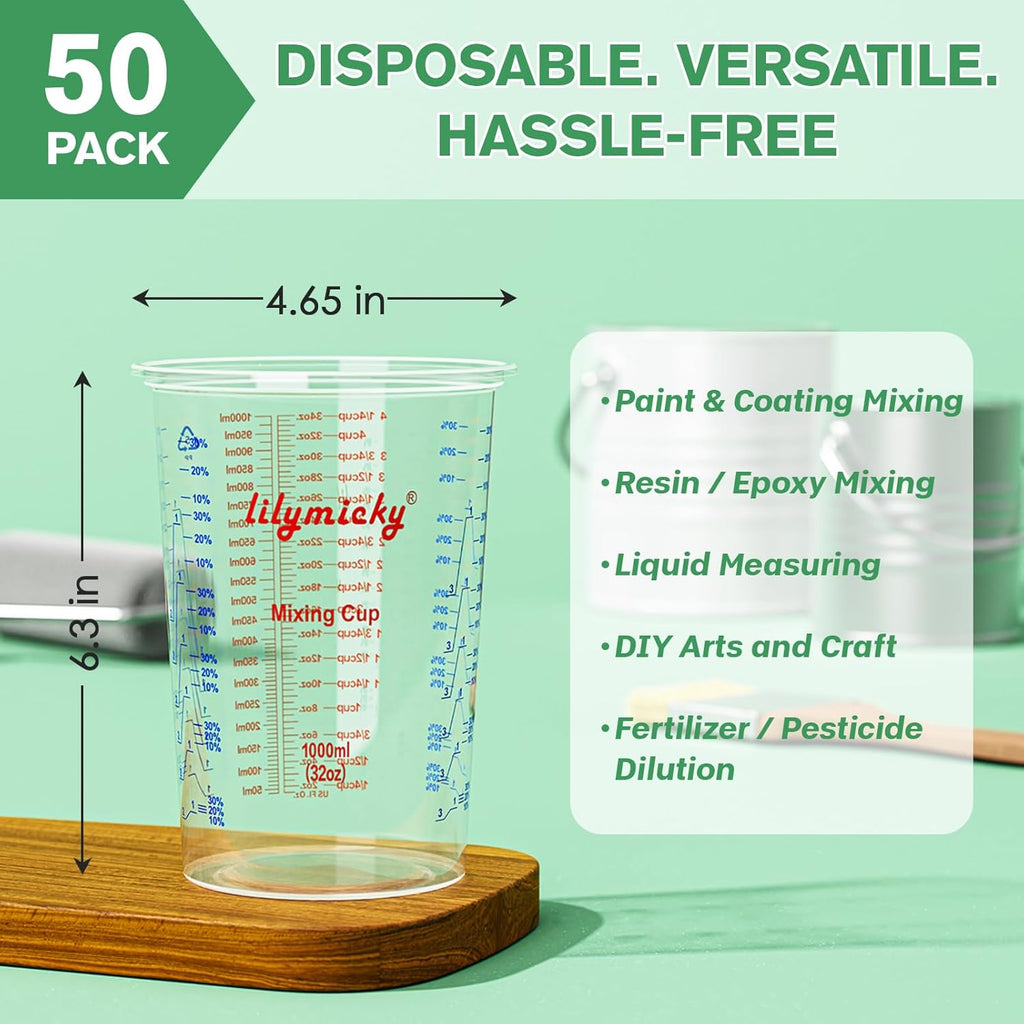 50 PACK Plastic Measuring Cups, 32 oz (1000ml) Disposable Mixing Cups, Measurement ratios: 2:1, 3:1, 4:1, Perfect for Epoxy Resin, Paint Mixing, Art DIY