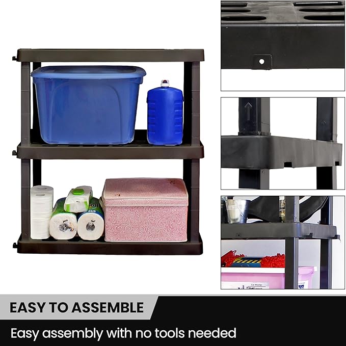 Oskar Storage Shelves - Bathroom Wall Organizer, Kids Room Toys Book Shelf, No Drill Heavy Duty, Kitchen Closet Garage Outdoor 3 Tier Stackable Plastic Shelving Unit