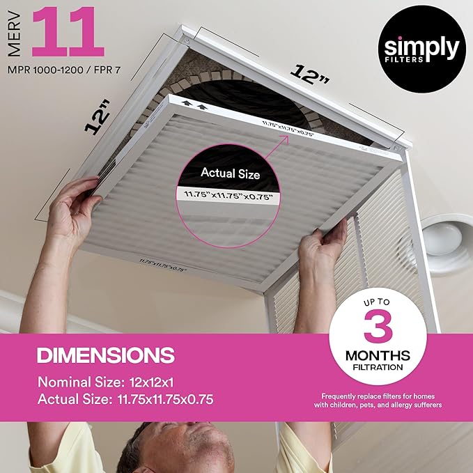 Simply 12x12x1 Air Filter, Merv 11, MPR 1000, 6 Pack, Furnace Air Filter for HVAC (Actual Size: 11.75"x11.75"x0.75") DUST, Pet, & Allergy Control