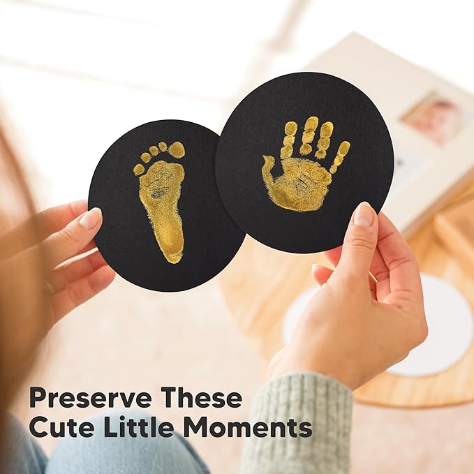 2-Pack Round Inkless Baby Hand and Footprint Kit - Mess Free Ink Pad for Newborn Keepsake, Dog Nose & Paw Print Kit, Clean Touch Ink Pad for Baby Hand & Footprints, Ideal New Mom Gifts (Gold)