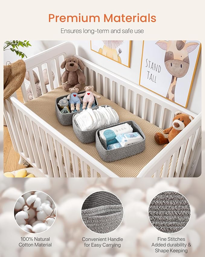 KALLAX Small Woven Basket, 12 x 8 x 4.5 Inches, Storage Basket for Organizing, Cute Small Rope Shelf Closet Cube Storage Bins Baskets for Shelves, Dog Toy Gift Baskets Empty, 3 Packs, Mixed Grey
