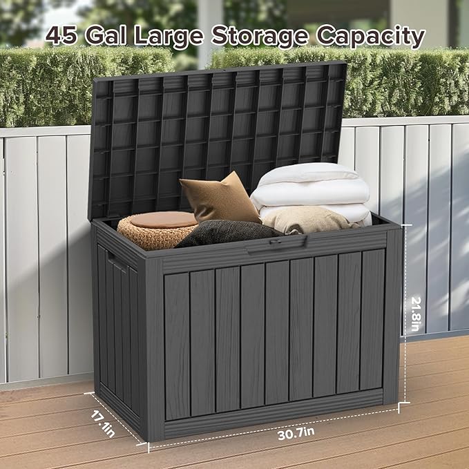 ROJIK Outdoor Storage Housing Deck Box - Waterproof Patio Furniture, Garden Tools, Cushions, Pool Accessories Storage Bench with Lockable Lid and Side Handles (Black, 45 Gal)