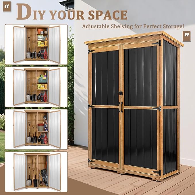 46" L Large Outdoor Storage Cabinet with Shelves, Wood & Metal Storage Shed Weather-Resistant, Outside Storage Cabinet for Garage Patio Backyard Garden with Waterproof Roof