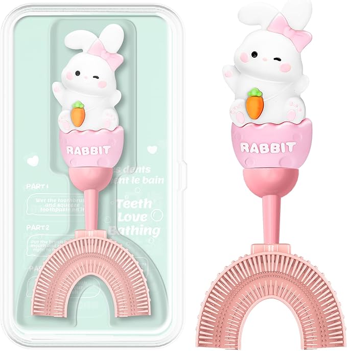 U-Shaped Toothbrush for Kids Ages 2-7，Soft Food-Grade Silicone for Sensitive Gums，360° Teeth Cleaning Design，Training & Travel-Friendly Toddler's Toothbrush (Pink)