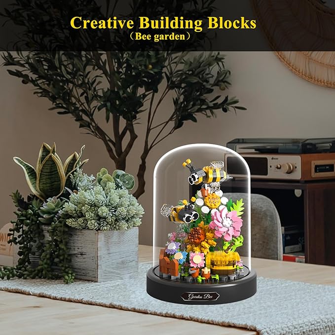 Flower Bouquet Building Set for Adult,Mini Plant Bonsai Tree Friend Set,Botanical Collection Gift for Kids,Office Home Decor Building Block, New Year Birthday Gift for Women Boys Girls(Bee)