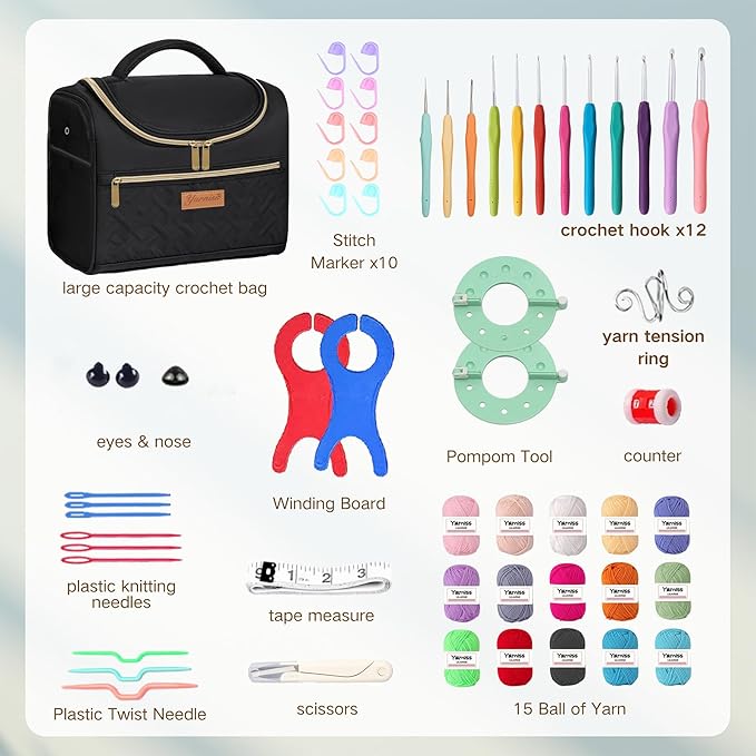 Yarniss Crochet Kits with Yarn,1120 Yards Soft Crochet Skeins, 10 Size Ergonomic Crochet Hooks with Portable Crochet Bag