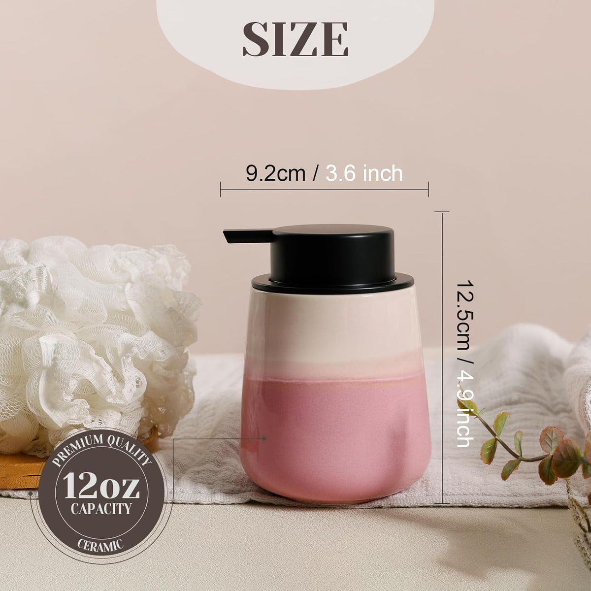 INGOFIN Ceramic Foaming Soap Dispenser - 12oz Foam Hand Soap Dispenser Bathroom, Refillable Modern Dish Dispenser with Pump for Kitchen, Beige and Pink