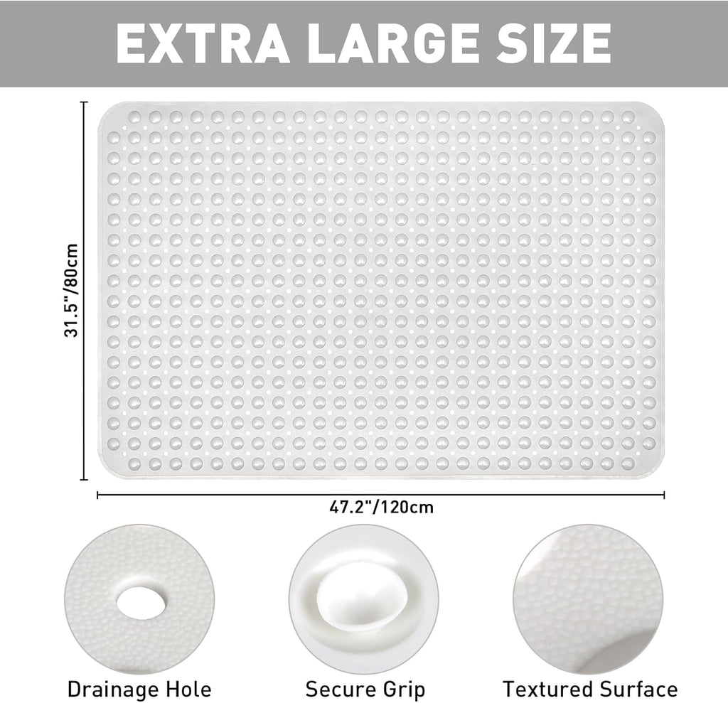 Shower Mat Non Slip: 47.2 x 31.5 Inch Extra Large TPE Shower Mats for Inside Shower - Anti Slip Shower Stall Matt with Drain Hole and Suction Cups for Elderly
