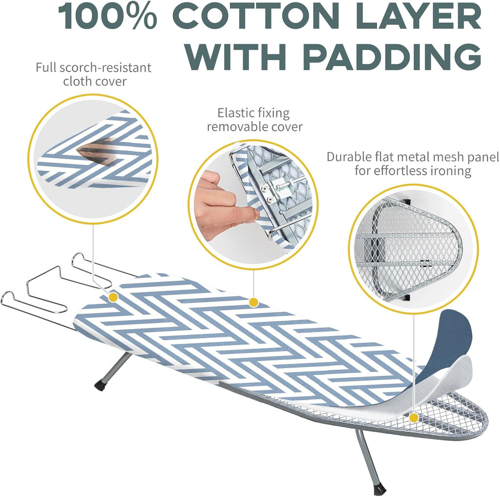 Small Tabletop Ironing Board Foldable, RAINHOL Steel Mesh Portable Iron Board for Dorm and Apartment, with Iron Rest and Heat-Resistant Cotton Cover, 31" x 12", Blue and White Stripes