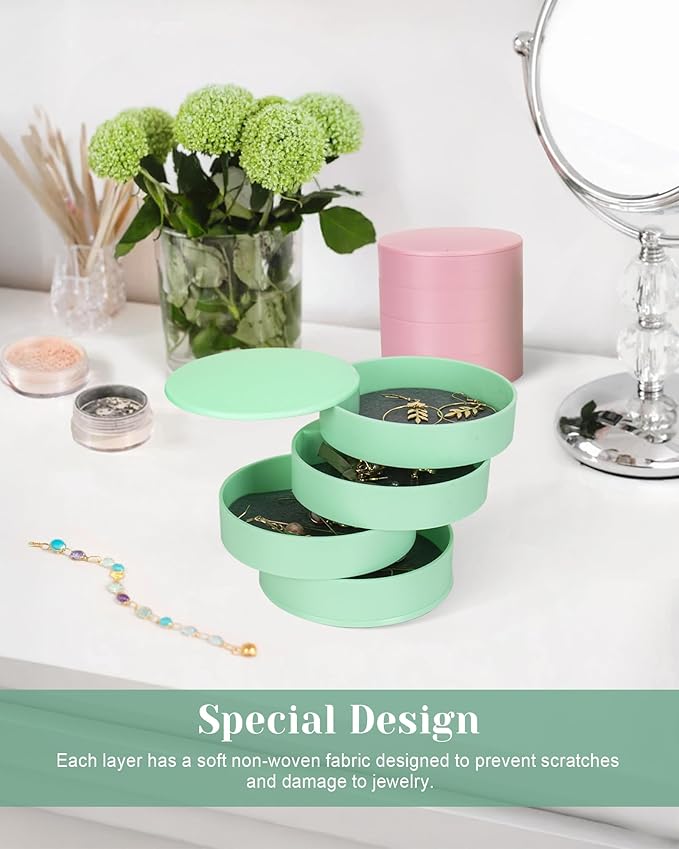 CONBOLA Jewelry Organizer, Small Jewelry Storage Box Earring Holder for Women, 4-Layer Rotating Travel Jewelry Tray Case with Lid for Bracelets Rings Bracelets