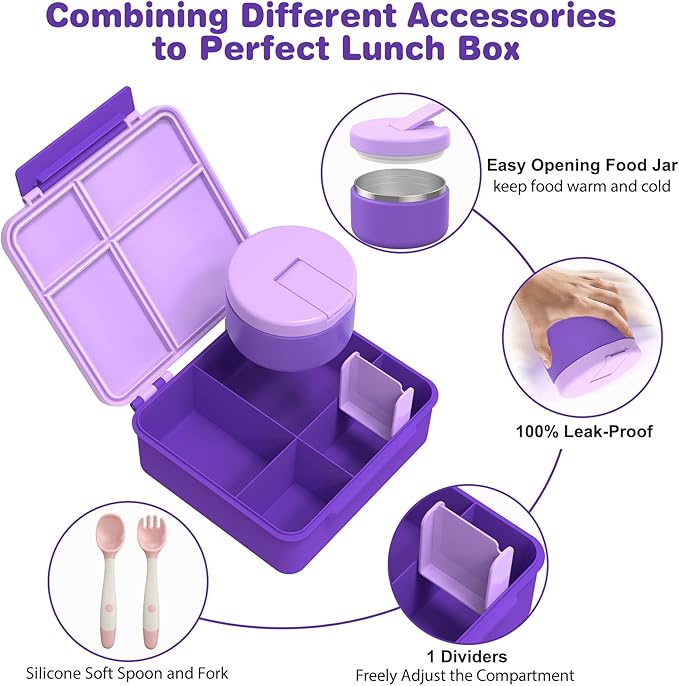 Kids Bento Lunch Box with 8oz Soup Thermo, Water Bottle, Kids Leakproof Lunch Food Containers with 4 Compartment, Insulated Hot Food Jar with Lunch Bag for School, Trvael (Purple)