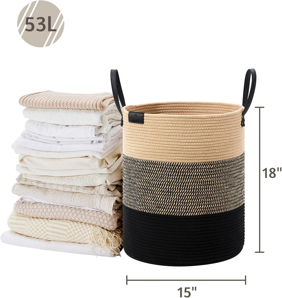VIPOSCO Tall Laundry Basket, Large Dirty Clothes Hamper with Leather Handle, Woven Rope Storage Basket for Blanket, Toy In Living Room, Bathroom, Bedroom - 53L Brown & Black