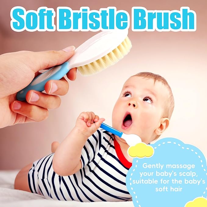 Baby Hair Brush and Comb Set, 4Pcs Baby Soft Bristles Hairbrush Cradle Cap Brush Hair Comb for Newborns Toddlers Boys Girls (Blue)