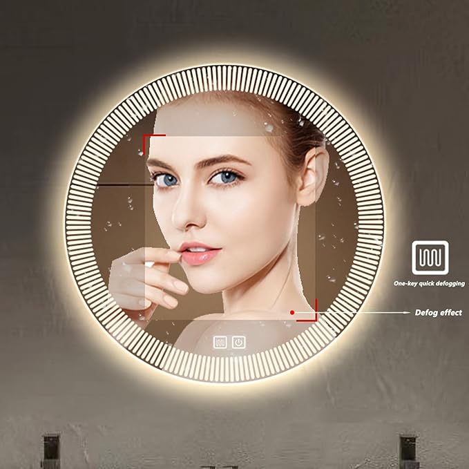 Bathroom Mirror with LED Lights, Wall Mirror with Touch Sensor, Round Mirror with Demister Pad, 3 Light Modes, for Living Room and Bathroom(A,60cm/23.6in)