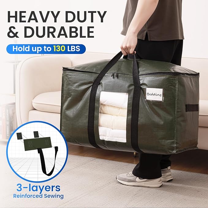 TAILI 6 Pack Green Extra Large Moving Bags, Heavy Duty Totes with Visible Window, Wrap Around Handles, Space-Saving Storage, Alternative to Moving Boxes